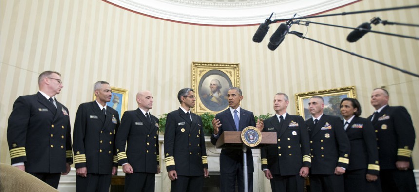 President Obama with members of the Public Health Service who participated in the Ebola response after awarding the Presidential Unit Citation in September 2015. 