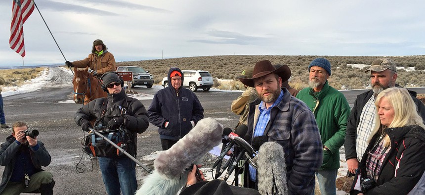 Ammon Bundy speaks to reporters at the Malheur National Wildlife Refuge January 14.
