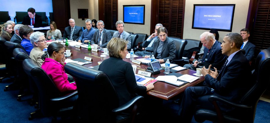 President Obama convenes a meeting in the situation room on the Zika virus. 