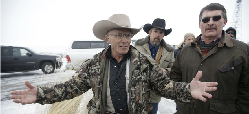 LaVoy Finicum, a rancher from Arizona, speaks to the media on Jan. 9. Finicum was killed Tuesday.