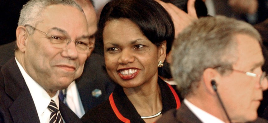 Colin Powell, left, and Condoleezza Rice both served as secretary of State under President George W. Bush