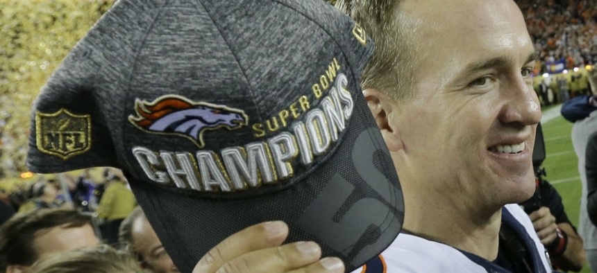 Denver Broncos’ Peyton Manning celebrates after the NFL Super Bowl 50 game against the Carolina Panthers Sunday.