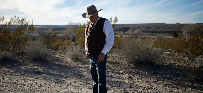 Cliven Bundy stands at his Nevada ranch in January.