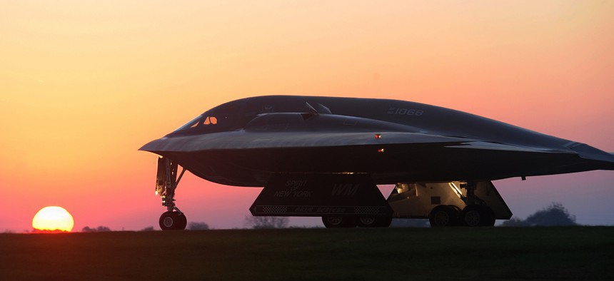 A B-2 Spirit bomber taxis on a flightlins during Exercise Global Thunder 15 in 2014.