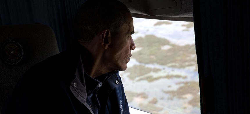 Obama looks at Everglades National Park from Marine One in April