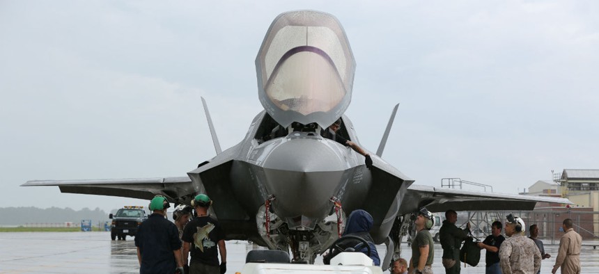 Cherry Point service members prepare an F-35B Lightning II for transport to Fleet Readiness Center East for maintenance. 