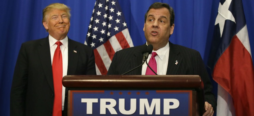 New Jersey Gov. Chris Christie announces his endorsement of Republican presidential candidate Donald Trump at a rally in Texas. 