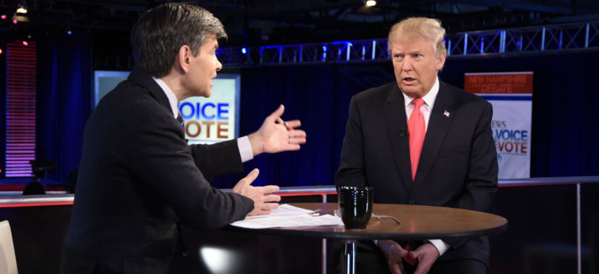 George Stephanopoulos interviews Republican presidential candidate Donald Trump after the Feb. 6 presidential debate. 