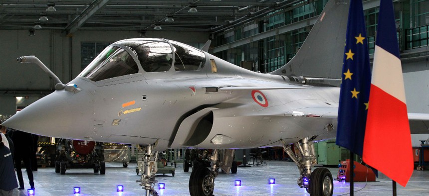 A Rafale fighter on the final assembly line in the factory of French aircraft manufacturer Dassault Aviation. 