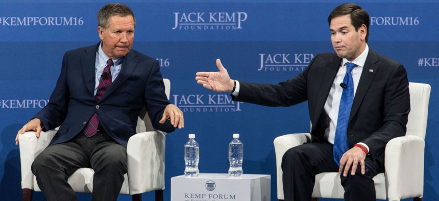 Republican presidential candidates John Kasich (left) and Marco Rubio, at a forum in February. 