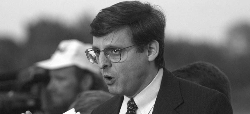 Merrick Garland speaks to the media in 1995  following the hearing of Oklahoma bombing suspect Timothy McVeigh in Oklahoma. 
