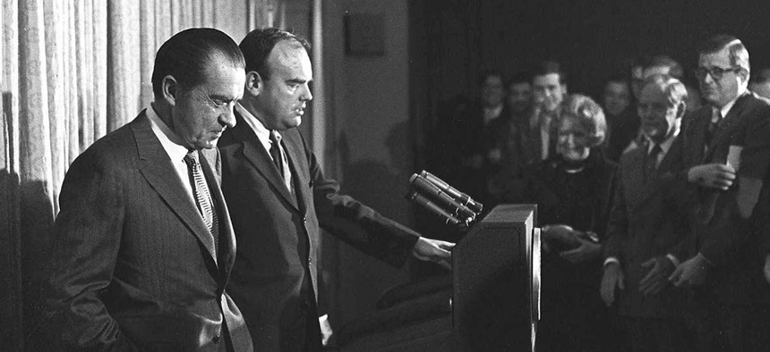 Richard Nixon, left, stands next to John D. Ehrlichman in 1971.