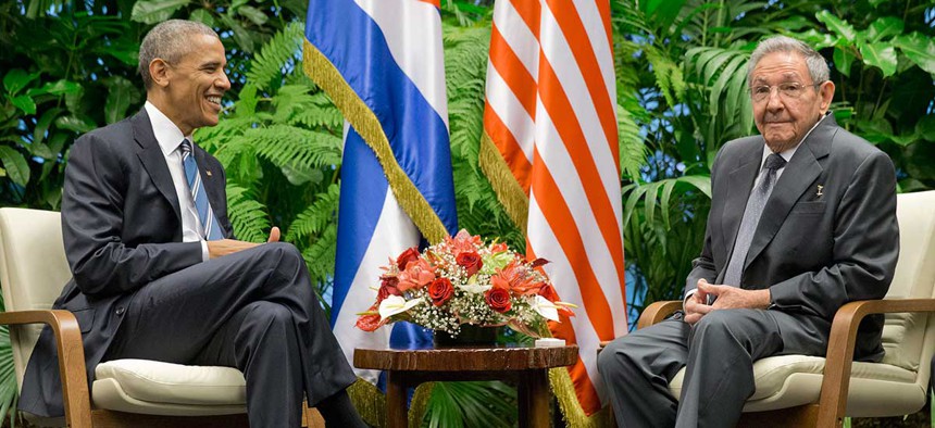 Barack Obama met with Cuban President Raúl Castro at the Palace of the Revolution Monday.