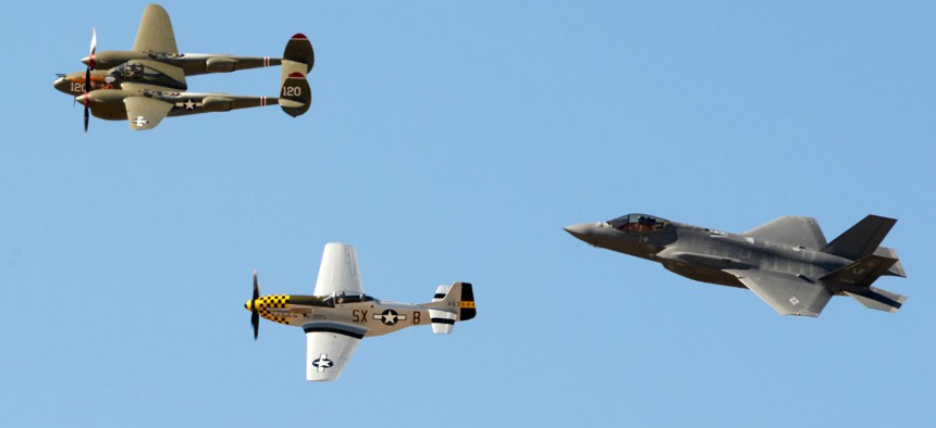 The F-35 Lightning II flies in formation with the P-38 Lightning and P-51 Mustangs during the Heritage Flight Conference at Davis Monthan Air Force Base in Tucson, Ariz., earlier this month. 