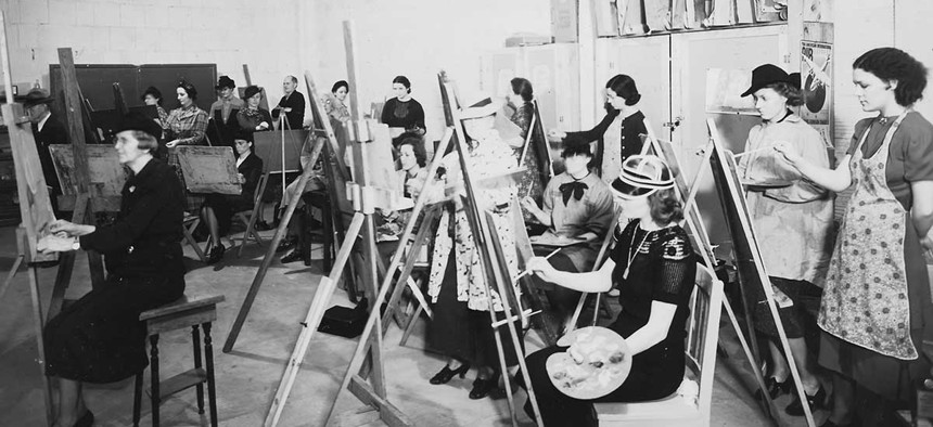 Students paint at a WPA Federal Art Center at the Municipal Auditorium in Oklahoma City, Oklahoma in 1941.