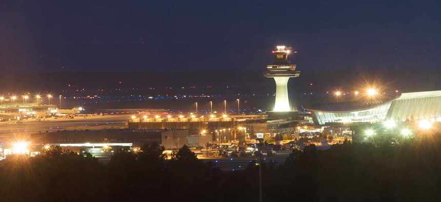 Dulles International Airport is seen lit up at night in 2009.