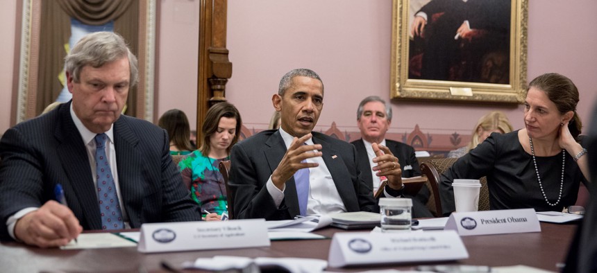 President Obama at a February 2016 meeting in the Eisenhower Executive Office Building with Agriculture Secretary Tom Vilsack and Health and Human Services Secretary Sylvia Mathews-Burwell.