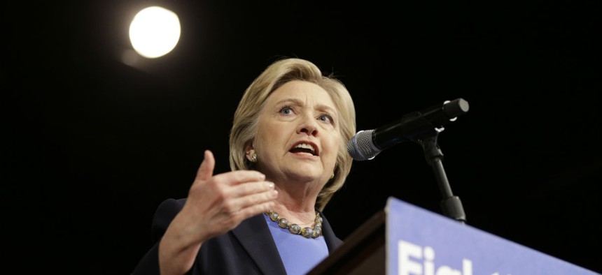 Democratic presidential candidate Hillary Clinton speaks at Purchase College in New York. 