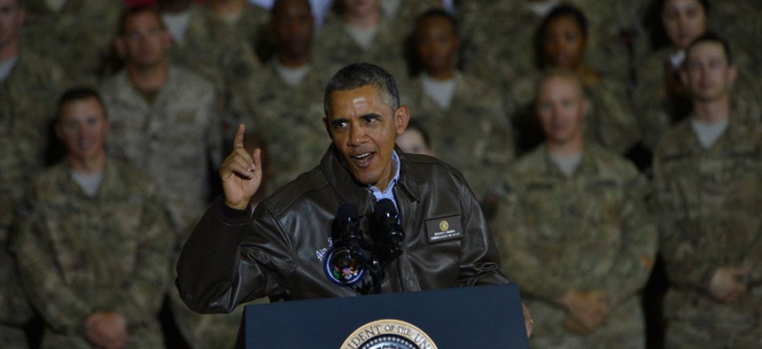 Obama talks to troops at  Bagram Air Field in 2014.