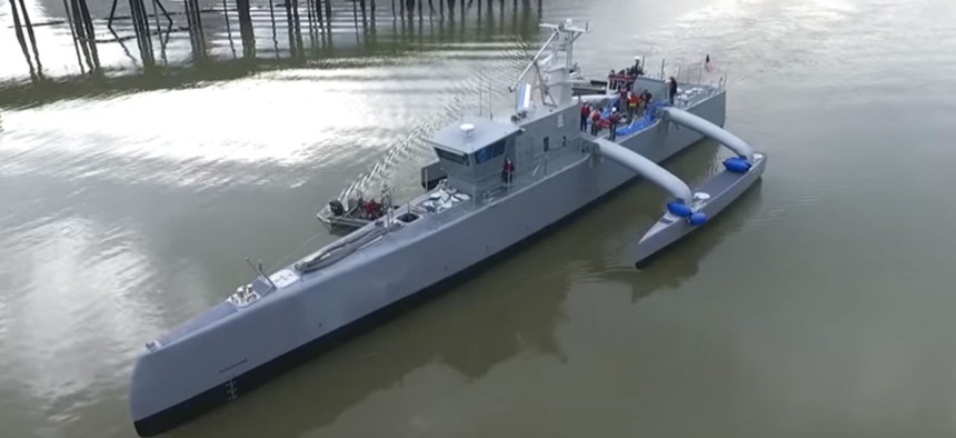 On-speed waters tests of DARPA’s Anti-Submarine Warfare (ASW) Continuous Trail Unmanned Vessel (ACTUV), Feb. 17, 2016.