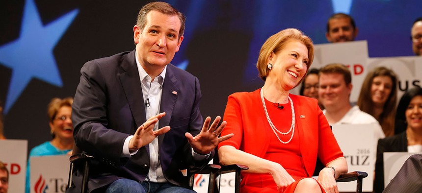 Cruz and Fiorina laugh during a Cruz campaign event in February.