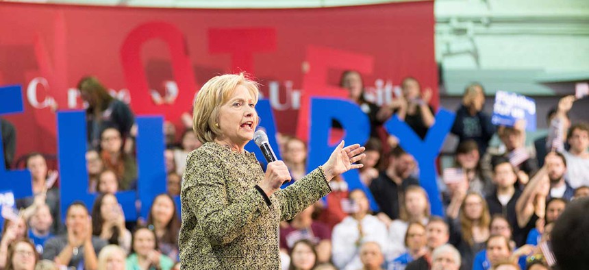 Clinton addresses supporters in Pittsburgh in April.