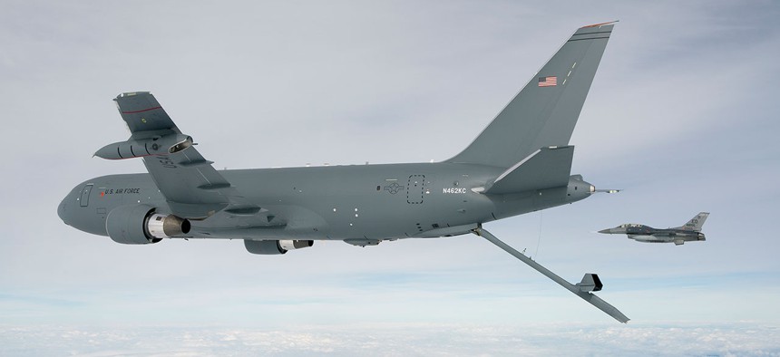 The KC-46A Pegasus deploys the centerline boom in 2015.