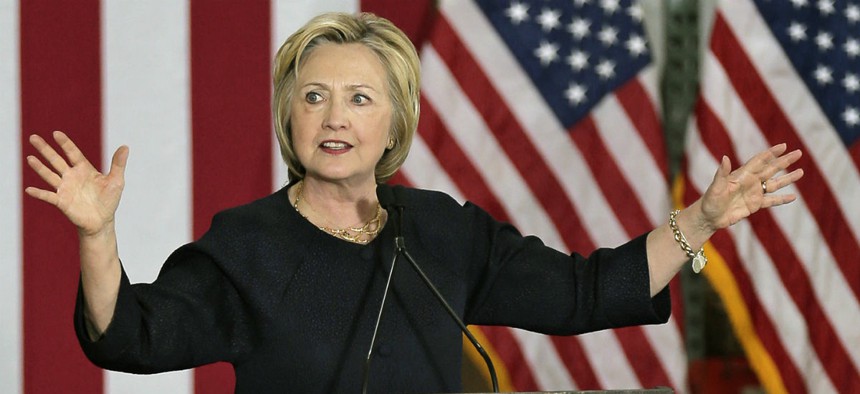 Democratic presidential candidate Hillary Clinton delivers a speech in Cleveland. 