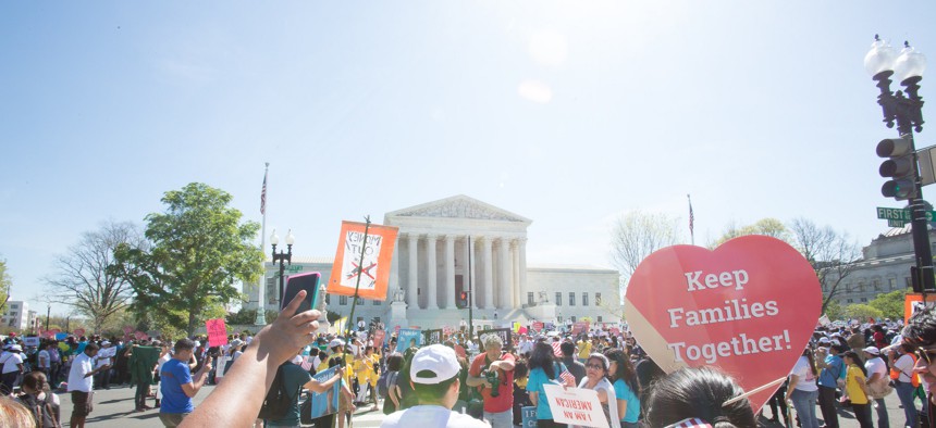 Immigration rights groups rallied at the Supreme Court during oral arguments in April.