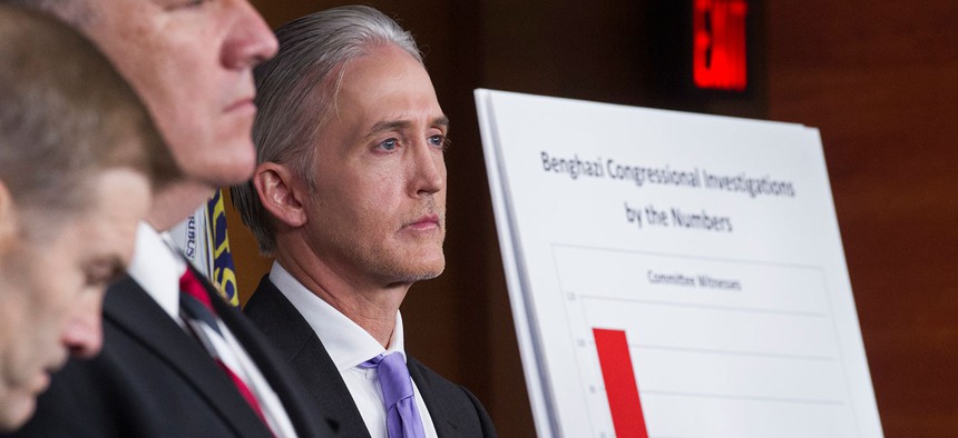 House Benghazi Committee Chairman Rep. Trey Gowdy, R-S.C., right, listens during a news conference Tuesday.