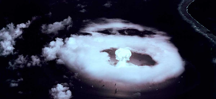 First atomic bomb explosion at Bikini in the Marshall Islands 1 July 1946.