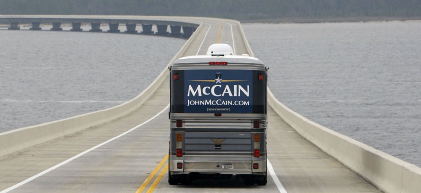 The "Straight Talk Express" campaign bus of then-GOP presidential hopeful Sen. John McCain, R-Ariz., in 2008.