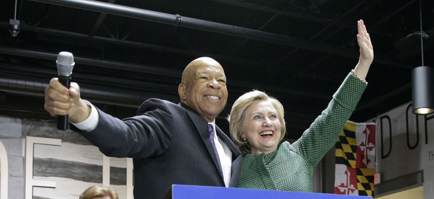 Hillary Clinton embraces Rep. Elijah Cummings, D-Md., at a campaign event in April. Cummings chairs the party's platform committee.