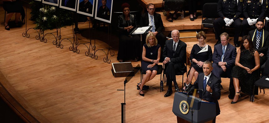 Barack Obama speaks at an interfaith memorial service for the fallen police officers and members of the Dallas community at the Morton H. Meyerson Symphony Center in Dallas on Tuesday.