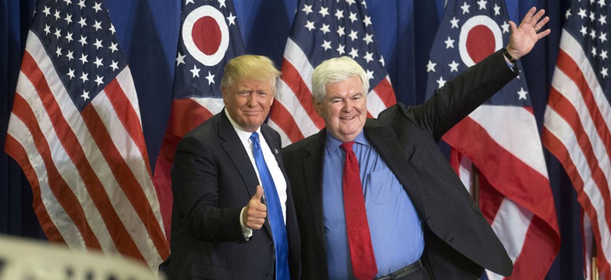 Republican presidential candidate Donald Trump (left) and former House Speaker Newt Gingrich, at a campaign rally in Cincinnati.