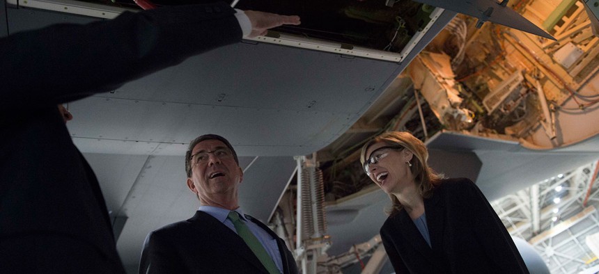 Boeing Defense CEO Leanne Caret gives Defense Secretary Ash Carter a tour of a Boeing KC-46 at at the Boeing facilities in Seattle on March 3, 2016.
