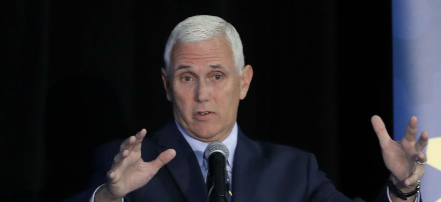 Indiana Gov. Mike Pence speaks at an innovation showcase Thursday. 