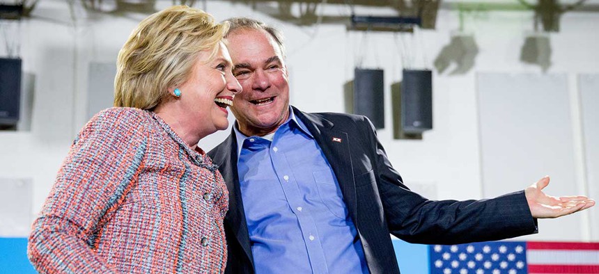 Hillary Clinton and Tim Kaine address an audience in Virginia on July 15.
