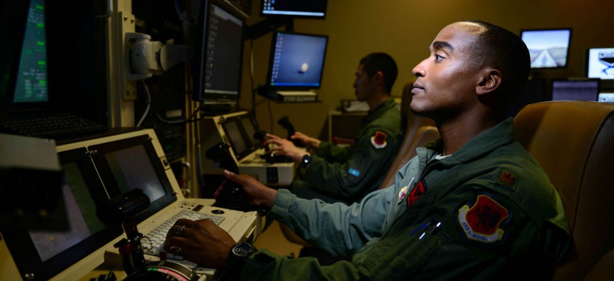 An MQ-9 Reaper pilot controls an aircraft from Creech Air Force Base in Nevada.
