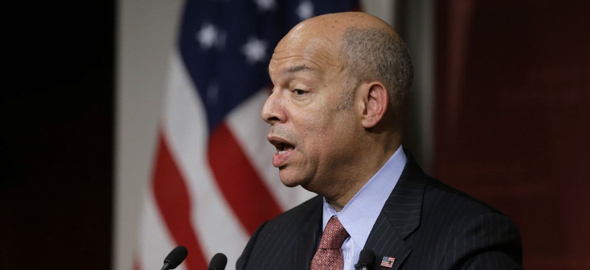 Homeland Security Secretary Jeh Johnson addresses an audience during a forum at John F. Kennedy School of Government in Cambridge, Mass., in March.