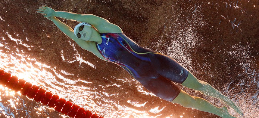 Katie Ledecky swims during a women's 800-meter freestyle heat during swimming competitions at the 2016 Summer Olympics in Rio de Janeiro Thursday.