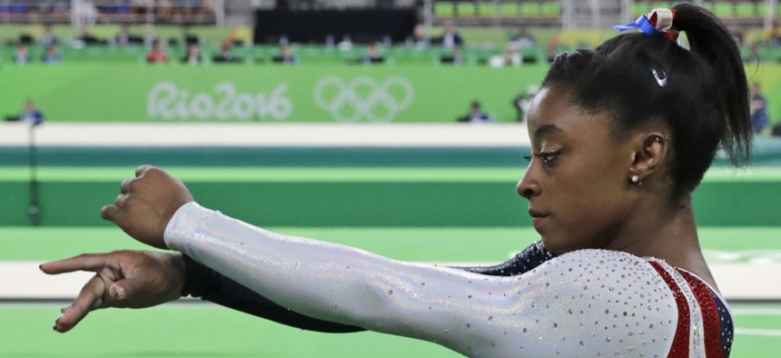 Simone Biles prepares for the women's team final at the 2016 Summer Olympics in Rio de Janeiro on Aug. 9.