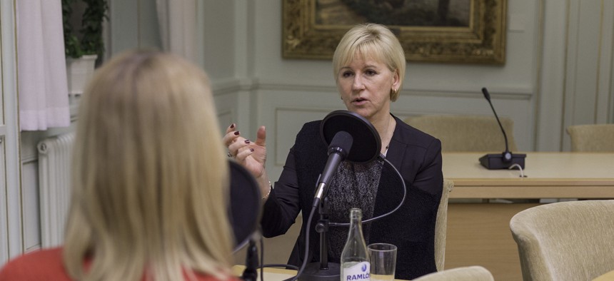 Sweden's  Minister for Foreign Affairs and Deputy Prime Minister Margot Wallström conducts an interview in 2015.