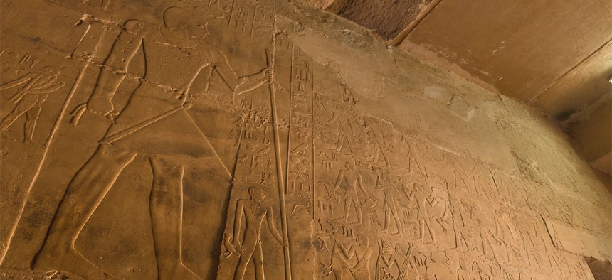 Hieroglyphics are seen at the mastaba of Ptahhotep in Saqqara.
