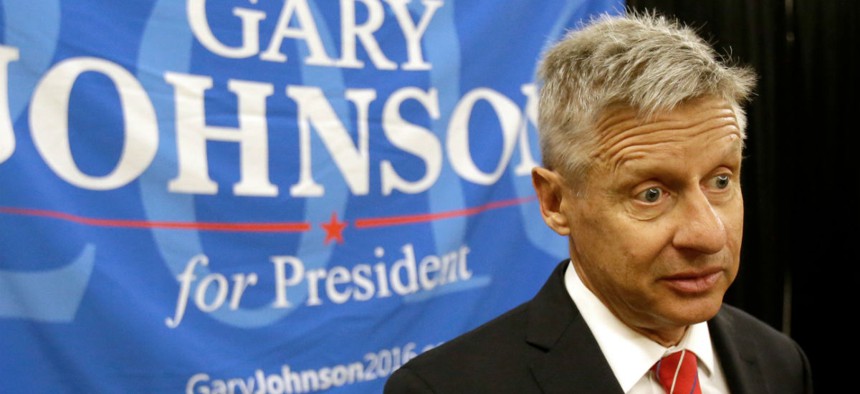 Libertarian presidential candidate Gary Johnson speaks at the National Libertarian Party Convention in Orlando, Fla., in May.  