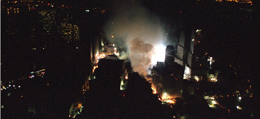 The World Trade Center rescue site in New York City is seen the evening of Friday, Sept. 14, 2001, from Marine One.