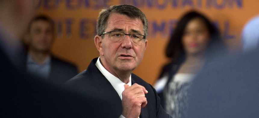 Defense Secretary Ashton Carter speaks with Defense Innovation Unit Experimental employees in California in May. 