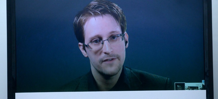 Edward Snowden speaks during a campaign calling for a pardon. 