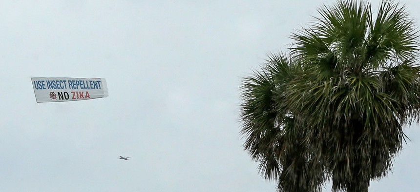 An aerial banner is flown over the South Pointe Park area in early September.