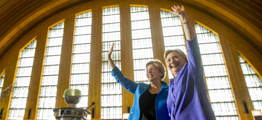 Sen. Elizabeth Warren, D-Mass., (left) campaigns with Democratic presidential nominee Hillary Clinton in Ohio in June. 